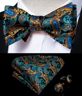 Blue Brown Paisley Silk Self-Bowtie Pocket Square Cufflinks Set