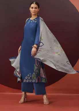 Blue Printed Unstitched Cotton Satin Salwar Suit Fabric for Women