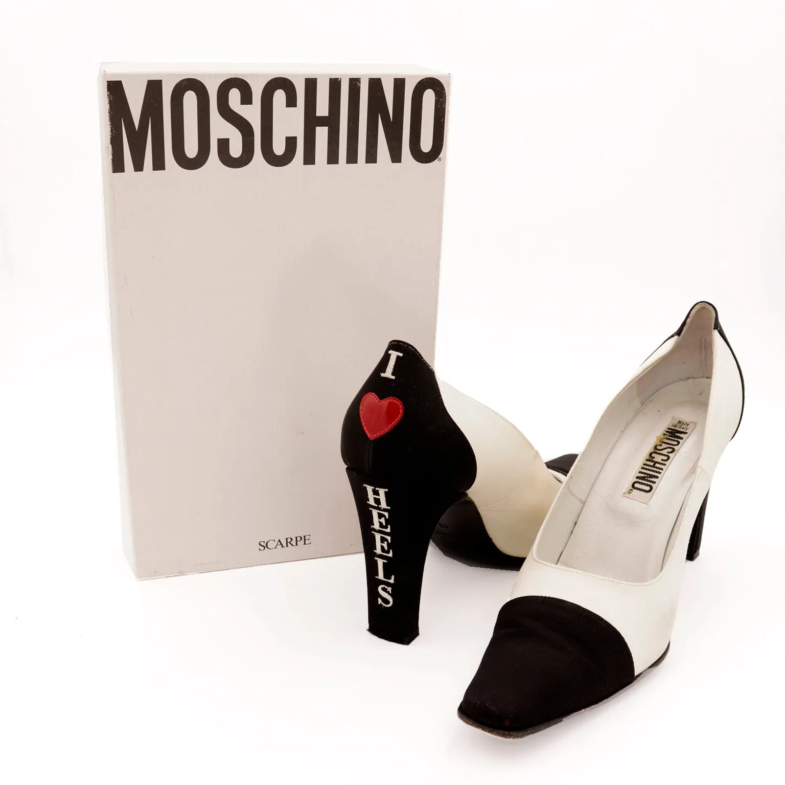 1990s Moschino Black & Ivory I Love Heels Red Heart Pumps w Original Shoe Box