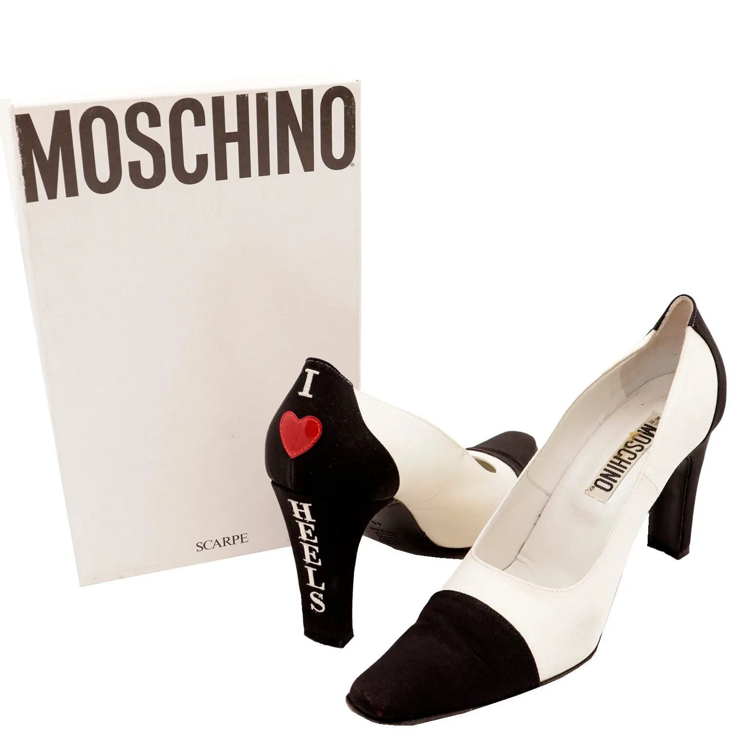 1990s Moschino Black & Ivory I Love Heels Red Heart Pumps w Original Shoe Box