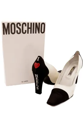 1990s Moschino Black & Ivory I Love Heels Red Heart Pumps w Original Shoe Box