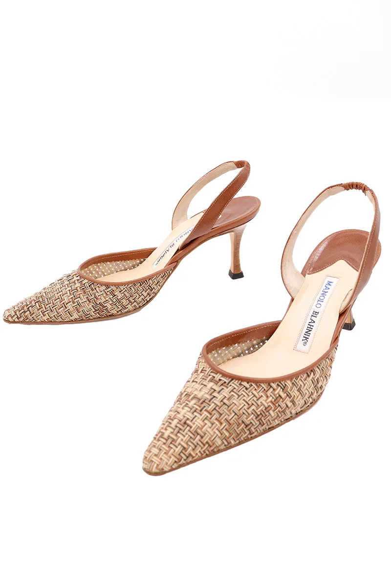 2000s Manolo Blahnik Woven Leather Carolyne Slingback Shoes