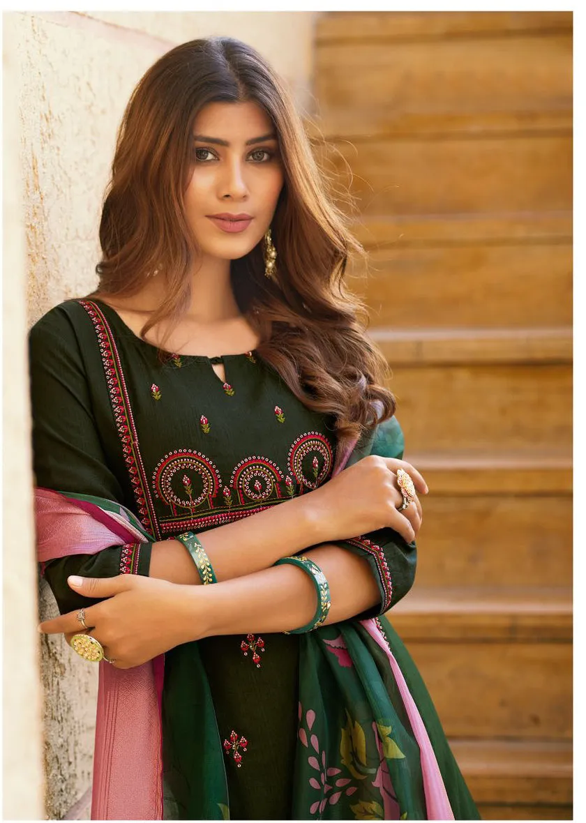 Attractive Dark Green Color Thread Work Viscose Salwar Suits With Fancy Dupatta