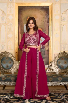 Attractive Maroon Color Heavy Georgette Embroidery Lace Kurti With Palazzo Suits For Women