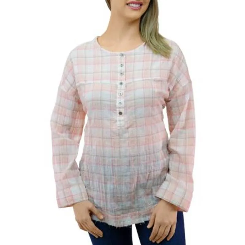 BeachLunchLounge Ladies Pink "Mia" Pucker Plaid Button Front Top, Size XS, NWT!