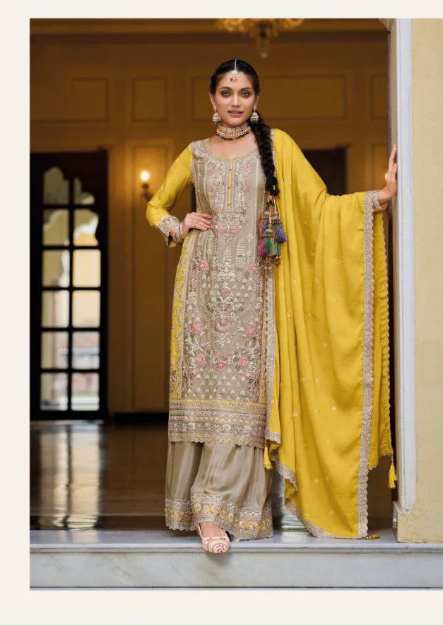 Beautiful Greige Colored Chinon Palazzo Suits With Designer Dupatta