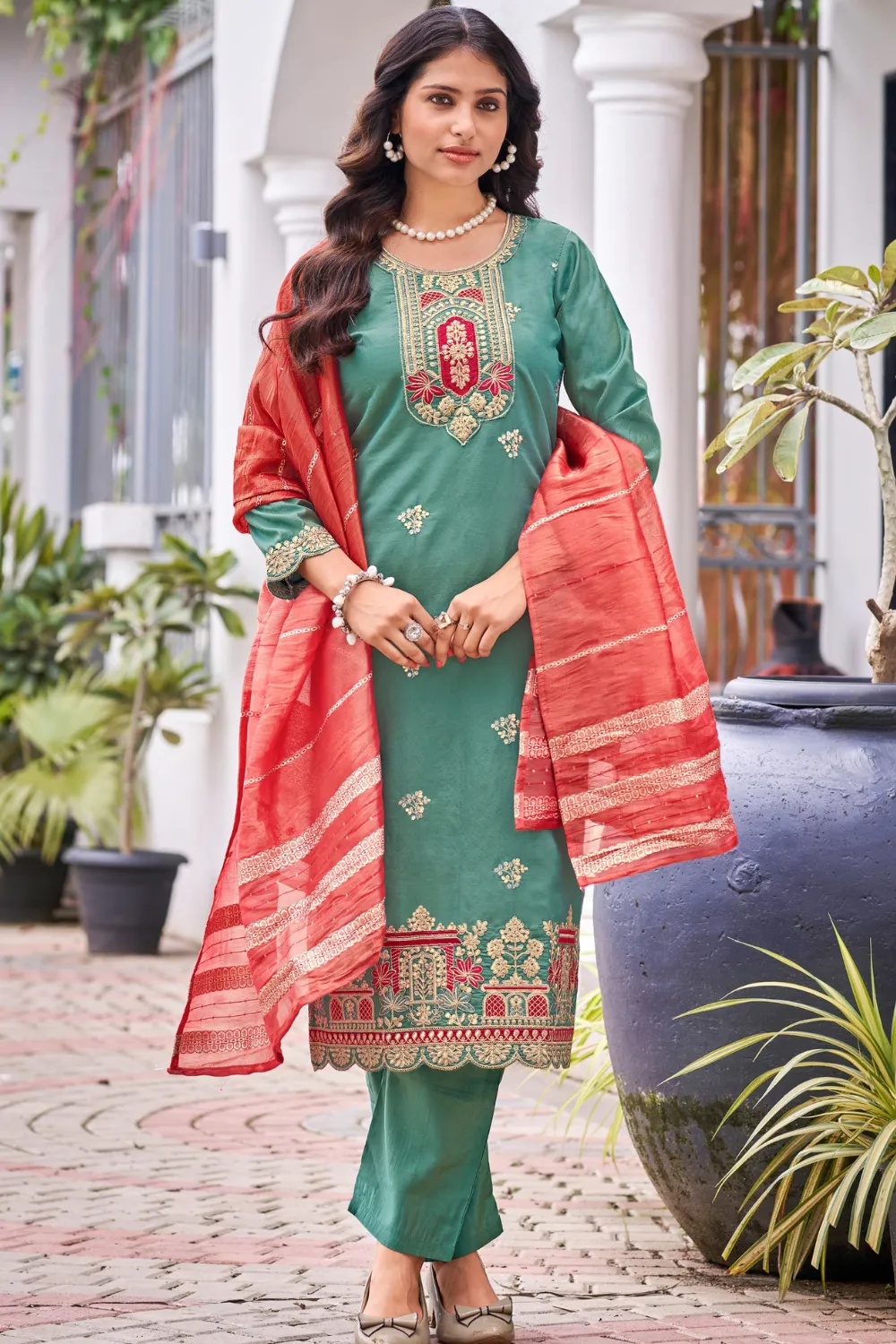 Beautiful Teal Green Color Heavy Embroidery Work Salwar Suits With Dupatta Set