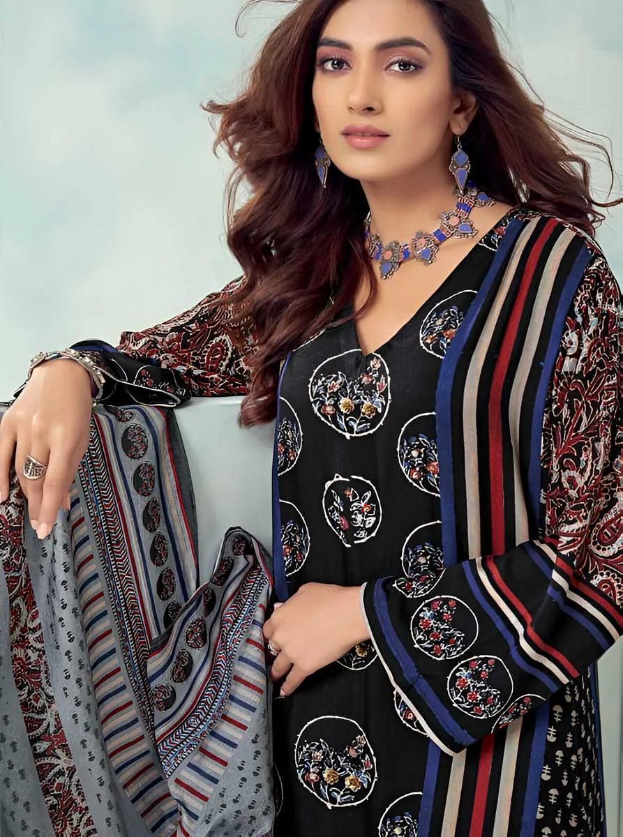 Black Unstitched Printed Muslin Silk Salwar Suit Dress Material for Women