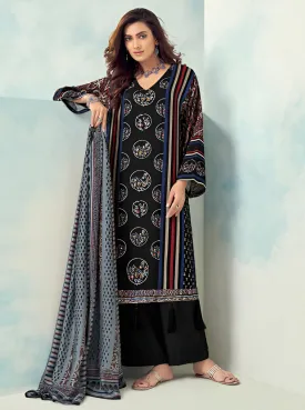 Black Unstitched Printed Muslin Silk Salwar Suit Dress Material for Women