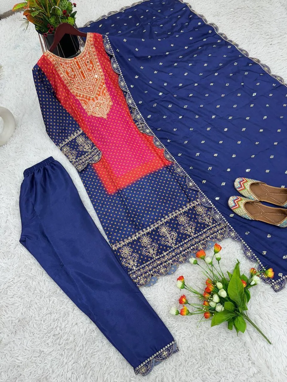 Charming Blue Colored Pure Chinon Heavy Embroidery And Sequins Work Palazzo Suits For Women