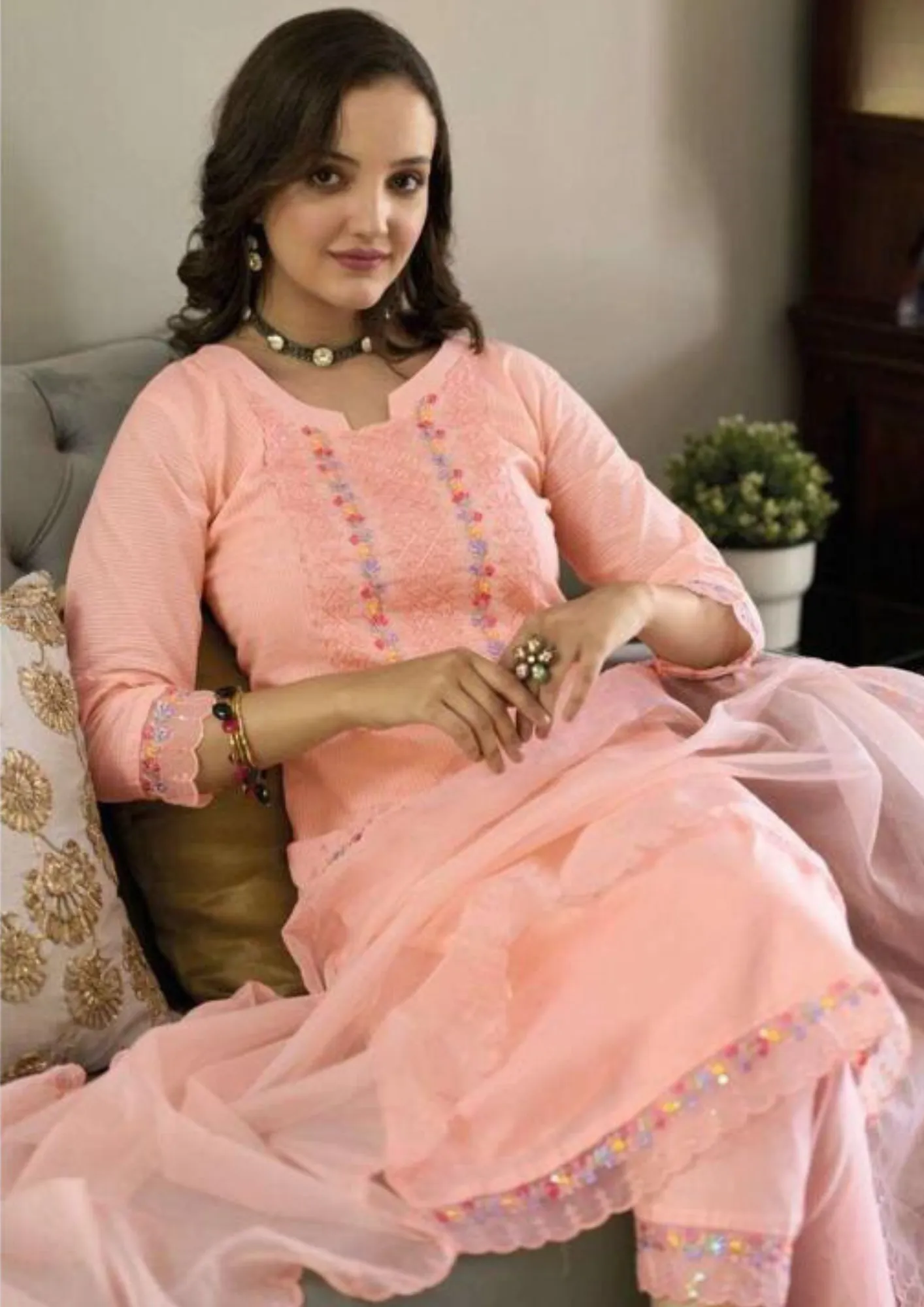 Charming Peach Colored Cotton Embroidery Work Kurti & Pant With Dupatta