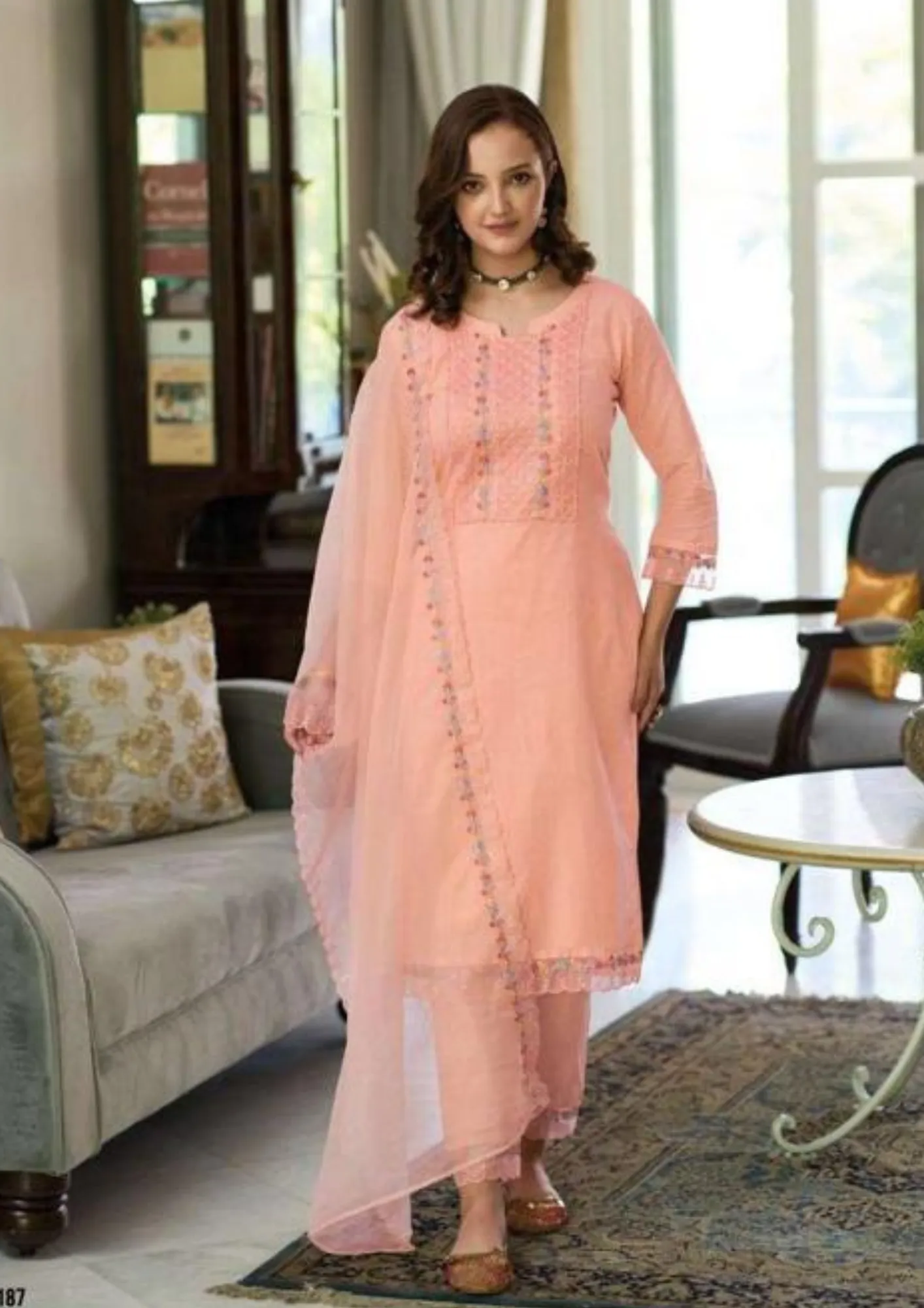 Charming Peach Colored Cotton Embroidery Work Kurti & Pant With Dupatta