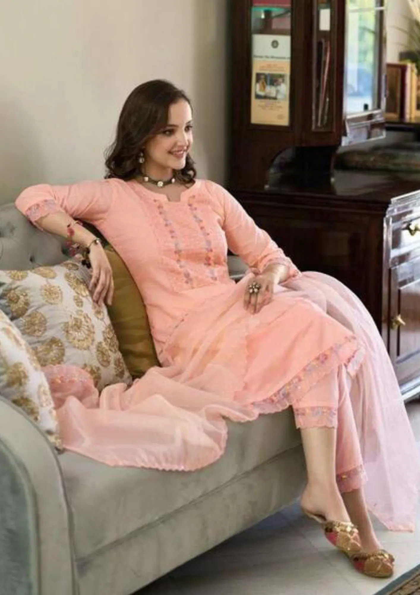 Charming Peach Colored Cotton Embroidery Work Kurti & Pant With Dupatta