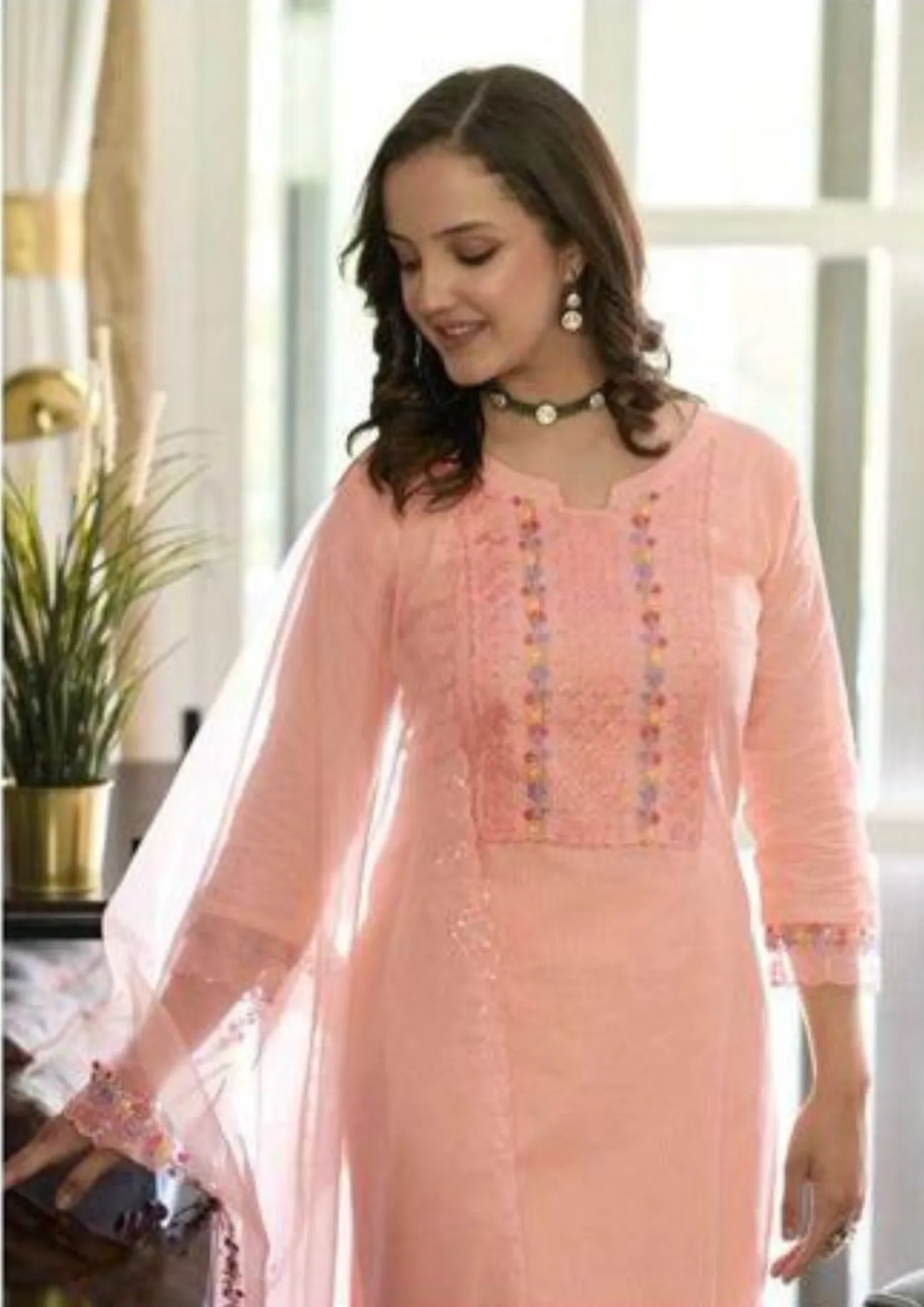 Charming Peach Colored Cotton Embroidery Work Kurti & Pant With Dupatta