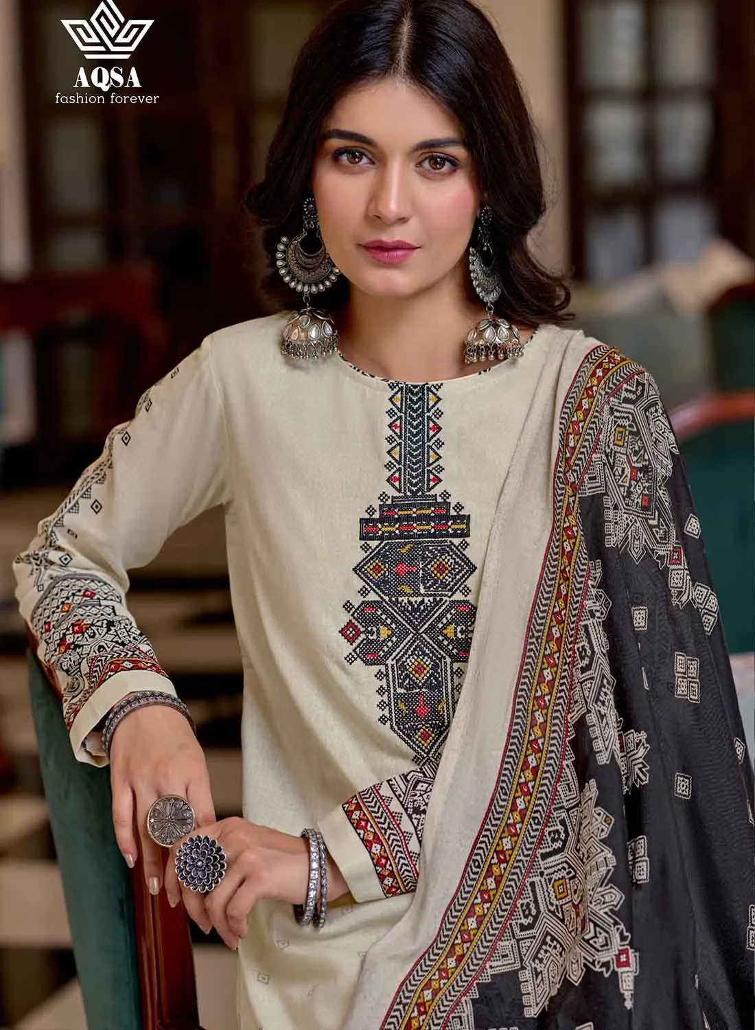 Cream Unstitched Cambric Cotton Suit Dress Material with Embroidery