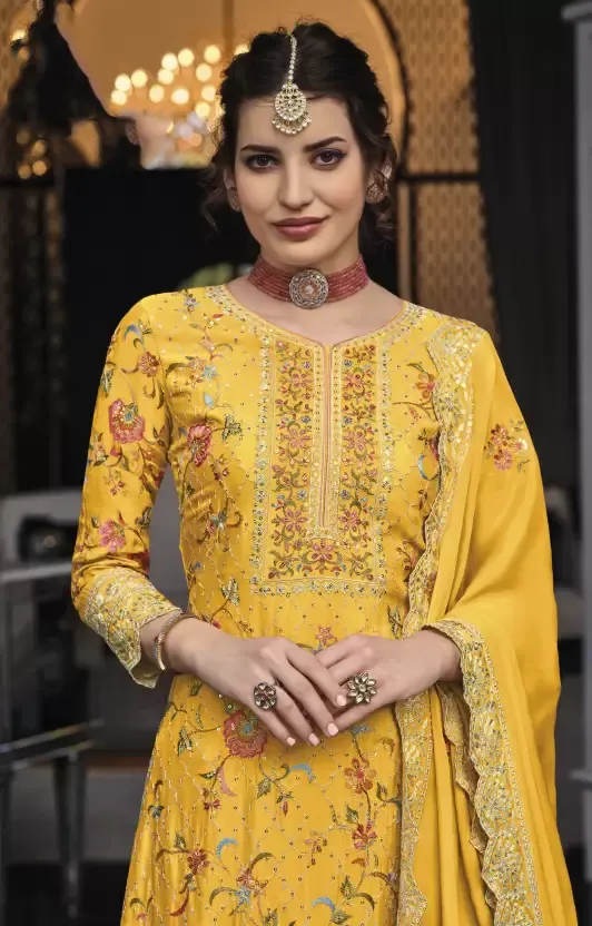 Dazzling Yellow Color Designer Palazzo Suits With Dupatta