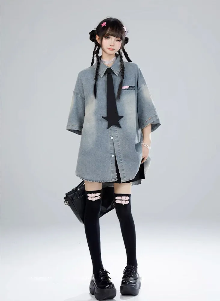 Denim Oversized Shirt with Star Tie│デニムオーバーサイズシャツ スタータイ