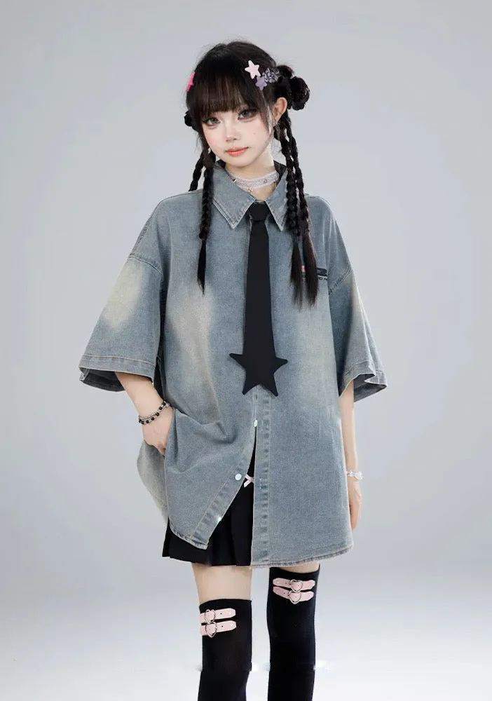 Denim Oversized Shirt with Star Tie│デニムオーバーサイズシャツ スタータイ