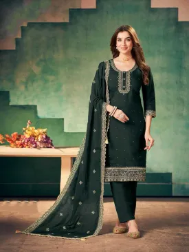 Elegant Green Color Coding Sequins Work Roman Silk Salwar Suits With Dupatta