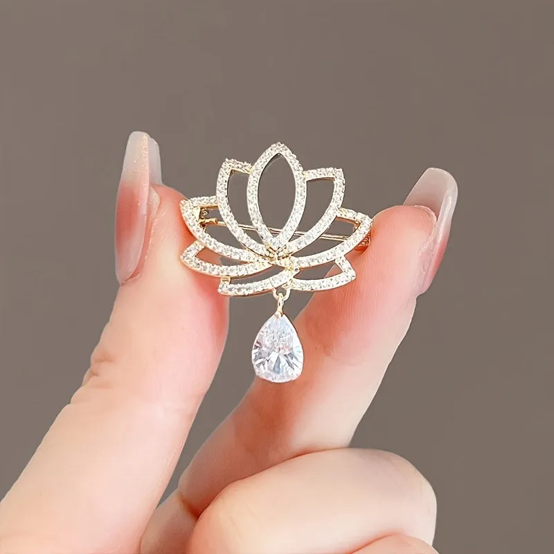 Elegant Lotus Rhinestone Brooch for Womens Clothing Accessories