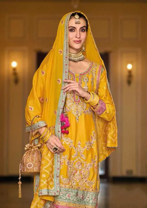 Elegant Mustard Yellow Embroidery Work Chinon Kurti Palazzo Suit With Dupatta