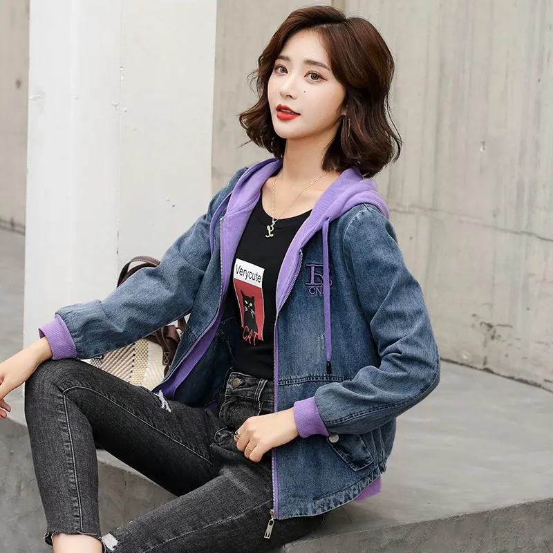 Embroidery Color Blocking Denim Hooded Jacket