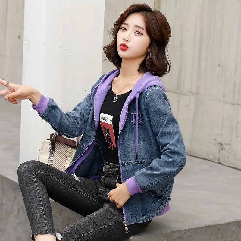 Embroidery Color Blocking Denim Hooded Jacket