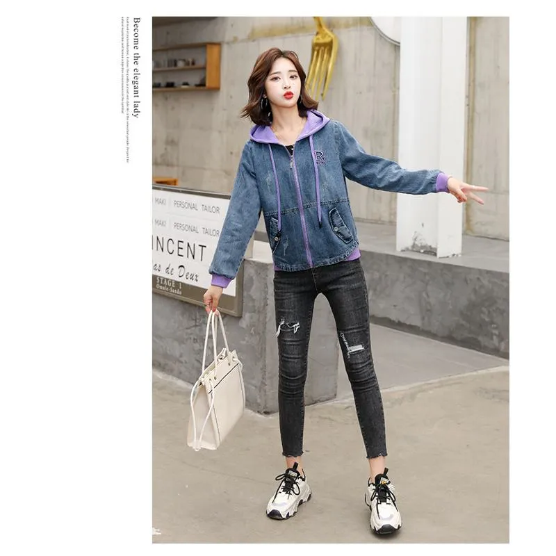 Embroidery Color Blocking Denim Hooded Jacket