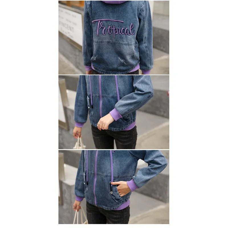 Embroidery Color Blocking Denim Hooded Jacket