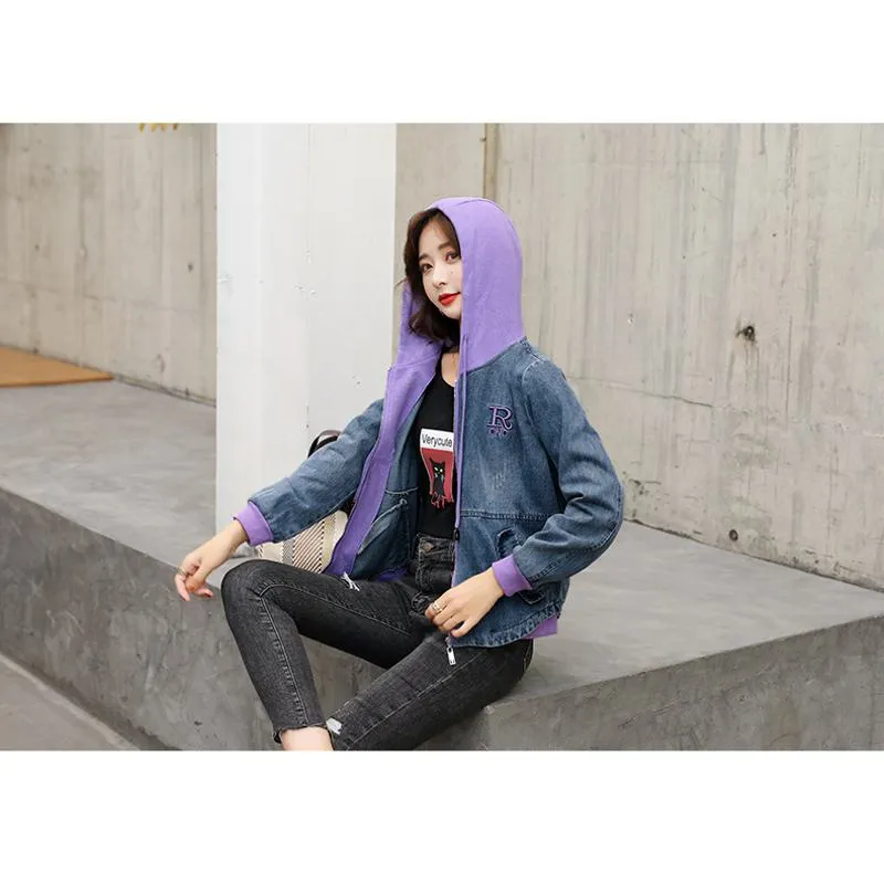 Embroidery Color Blocking Denim Hooded Jacket