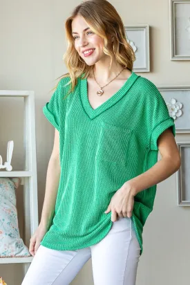 Full Size Front Pocket Short Sleeve Ribbed Top