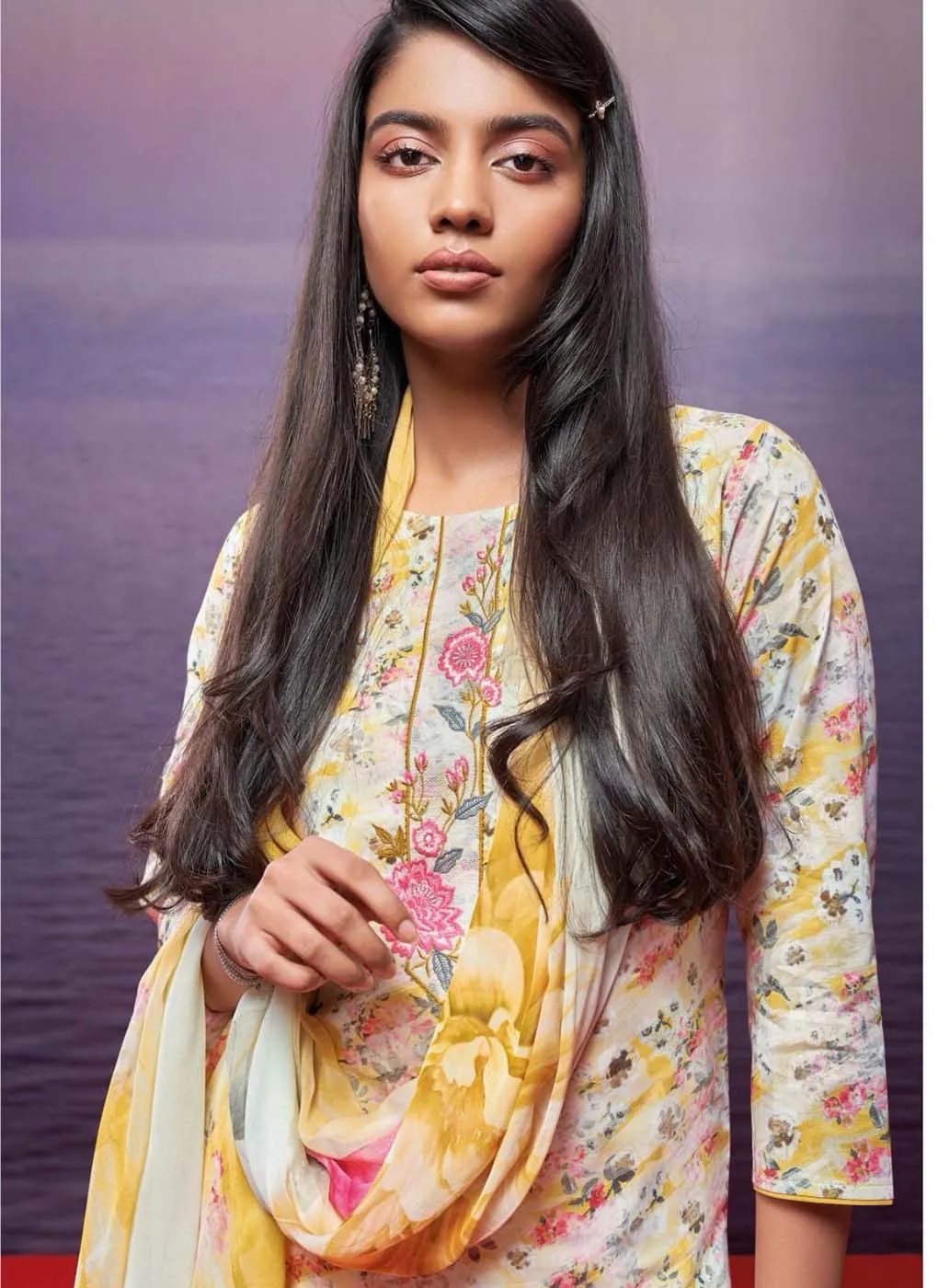 Ganga Pure Cotton Yellow Unstitched Suit Dress Material for Women