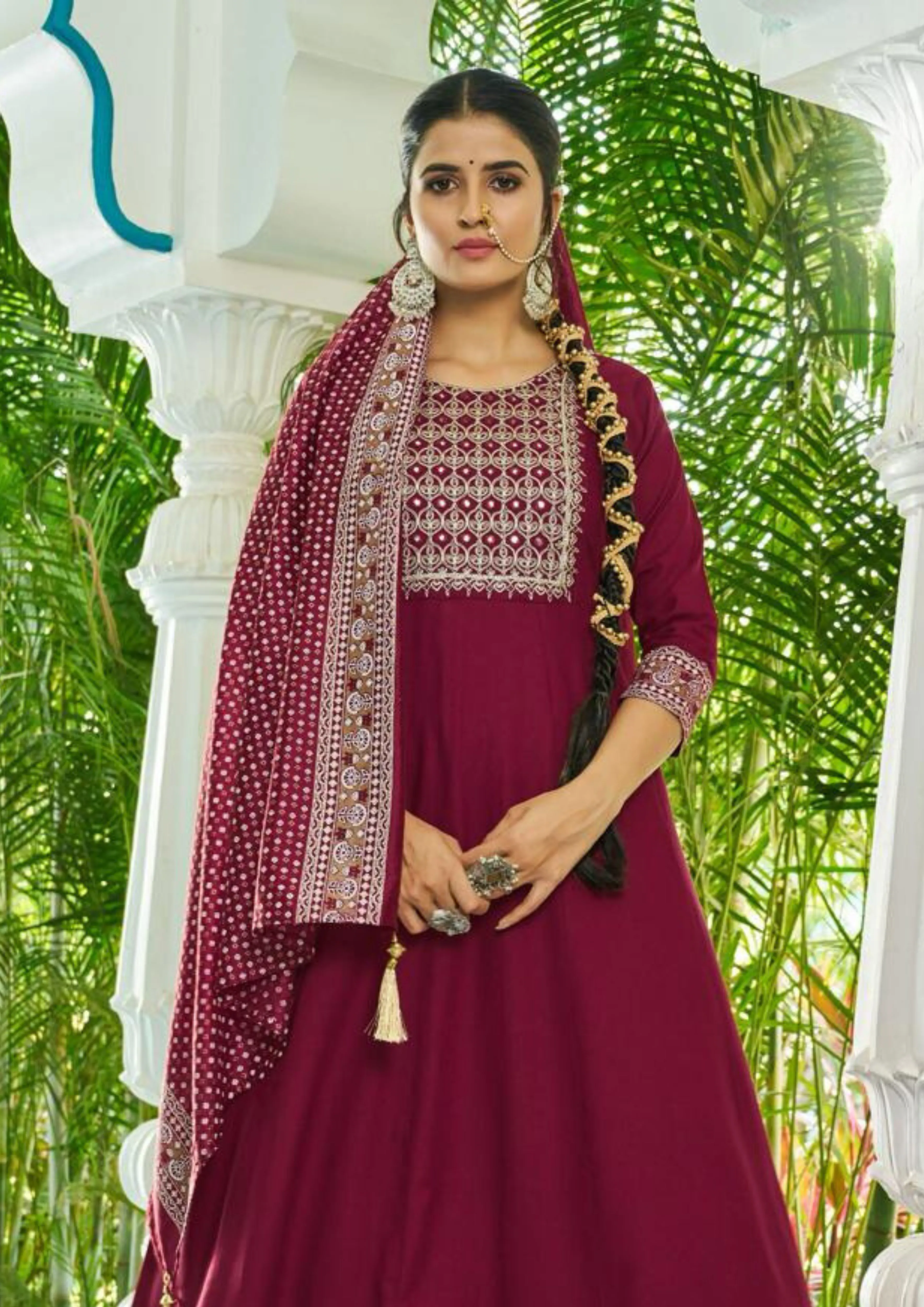 Gorgeous Maroon Color Rayon Foil Print And Embroidery work Salwar Suits For Women