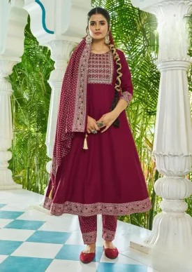 Gorgeous Maroon Color Rayon Foil Print And Embroidery work Salwar Suits For Women