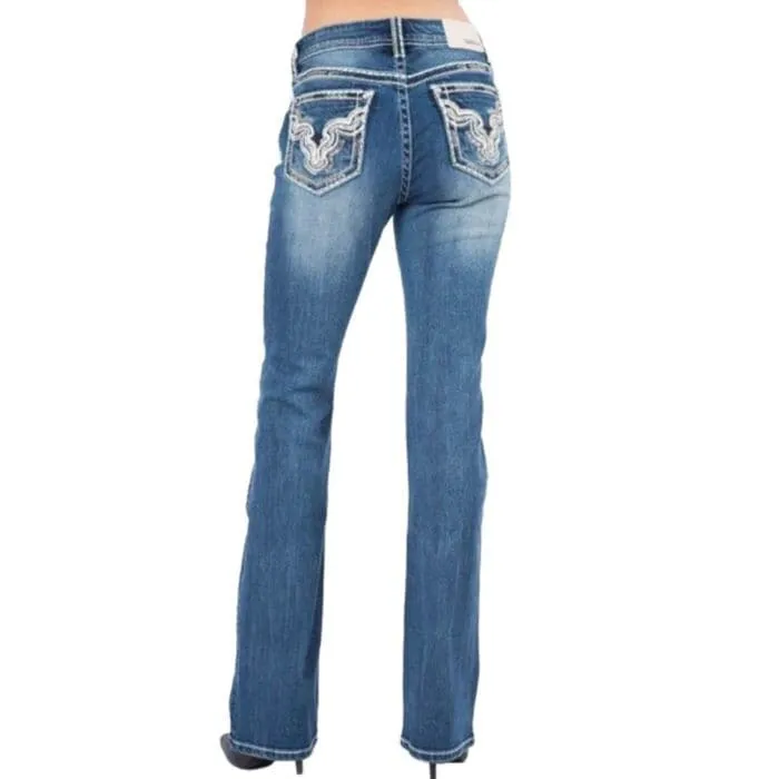 Grace In LA Women's Longhorn Embroidered Pocket Easy Bootcut Jeans