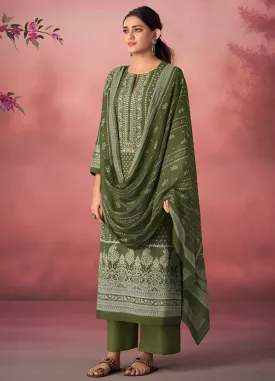 Green Unstitched Pashmina Winter Suit Material with Muslin Silk Dupatta