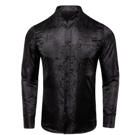 Hi-Tie Black Shirt Paisley Jacquard Silk Button Down Men's Dress Shirt