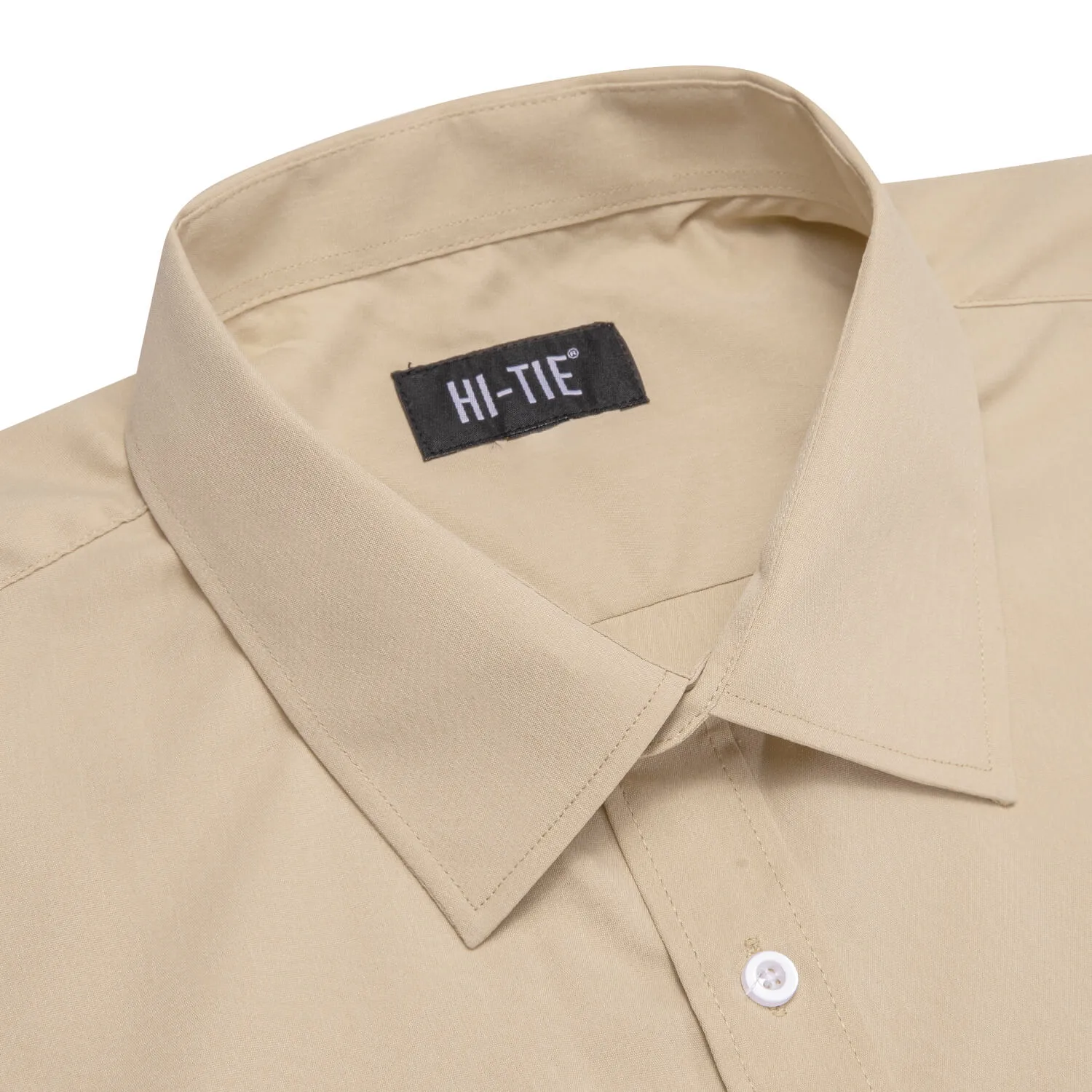 Hi-Tie Long Sleeve Shirt Cream White Solid Spring Mens Dress Shirt