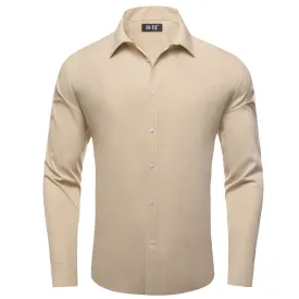 Hi-Tie Long Sleeve Shirt Cream White Solid Spring Mens Dress Shirt