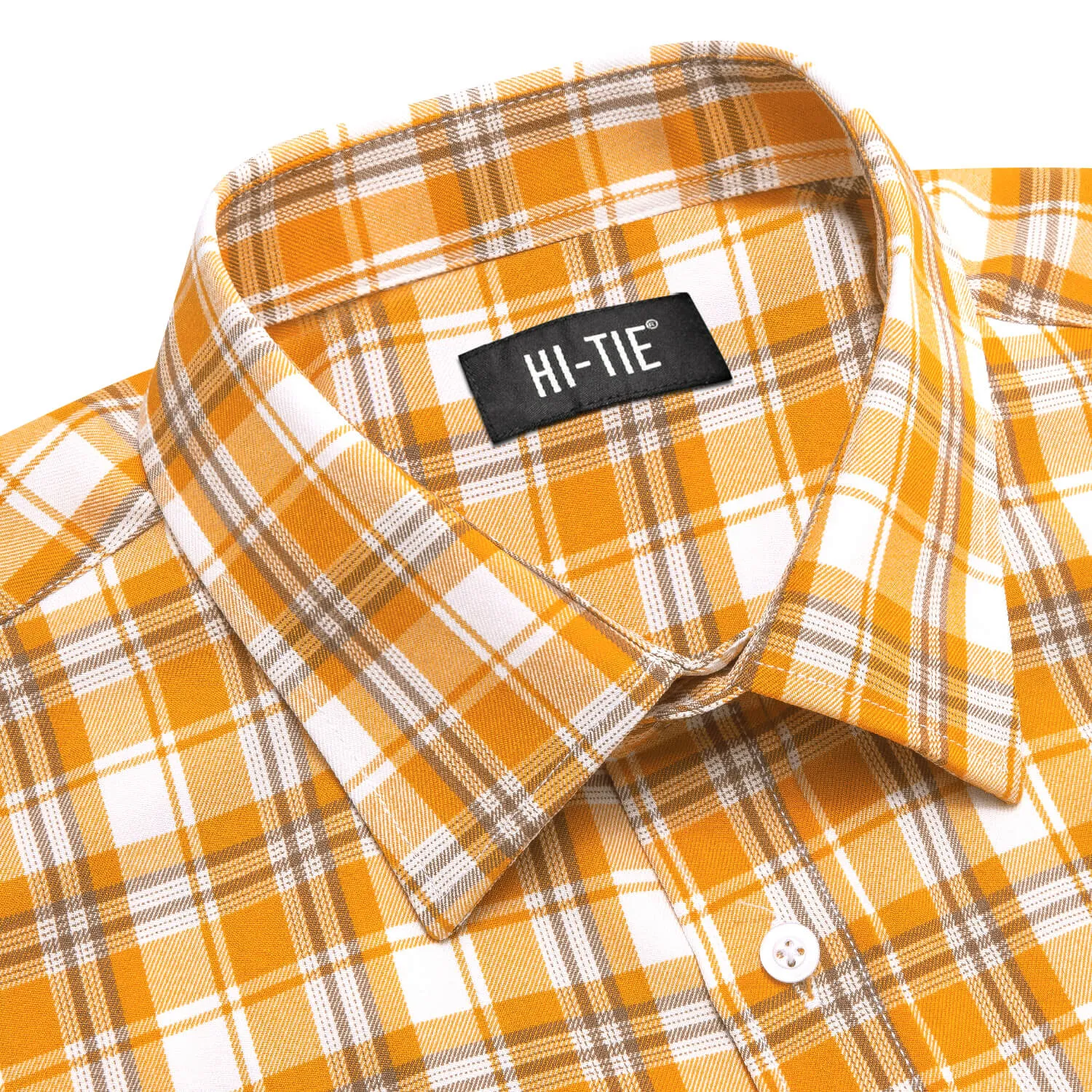 Hi-Tie Men's Shirt Orange White Brown Plaid Silk Long Sleeve Shirt Classic