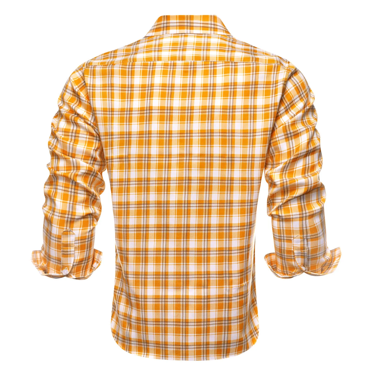 Hi-Tie Men's Shirt Orange White Brown Plaid Silk Long Sleeve Shirt Classic