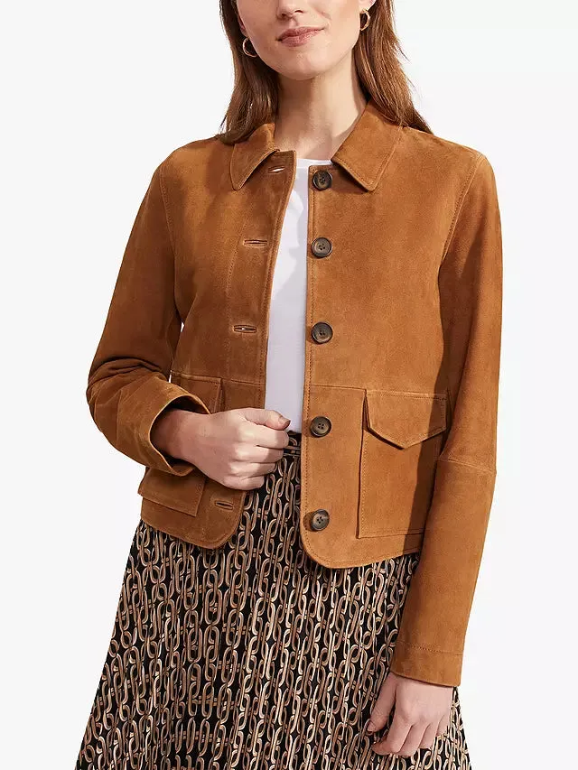 Hobbs Ashlee Button Suede Jacket, Tan