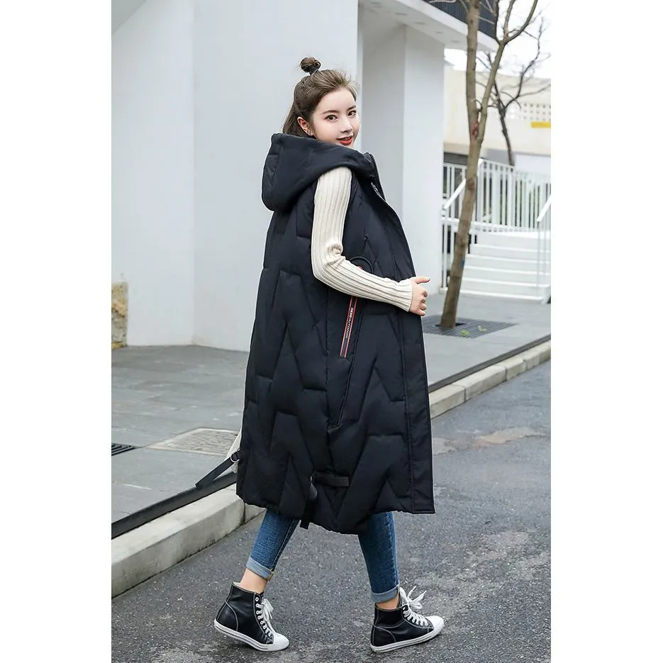 Hooded Knee-Length Puffer Coat Vest