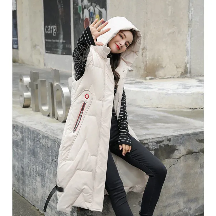 Hooded Knee-Length Puffer Coat Vest