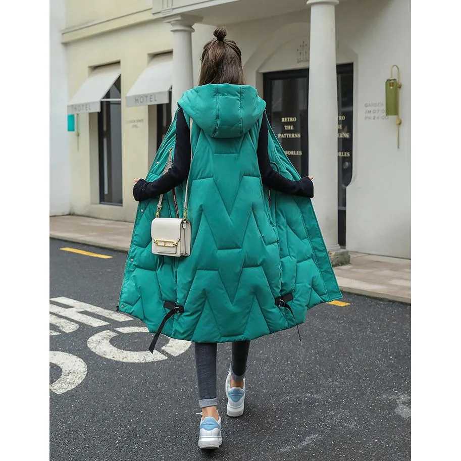 Hooded Knee-Length Puffer Coat Vest