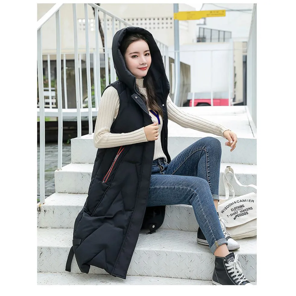 Hooded Knee-Length Puffer Coat Vest