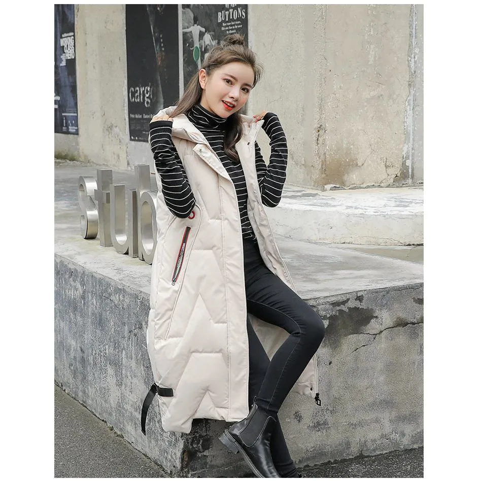 Hooded Knee-Length Puffer Coat Vest