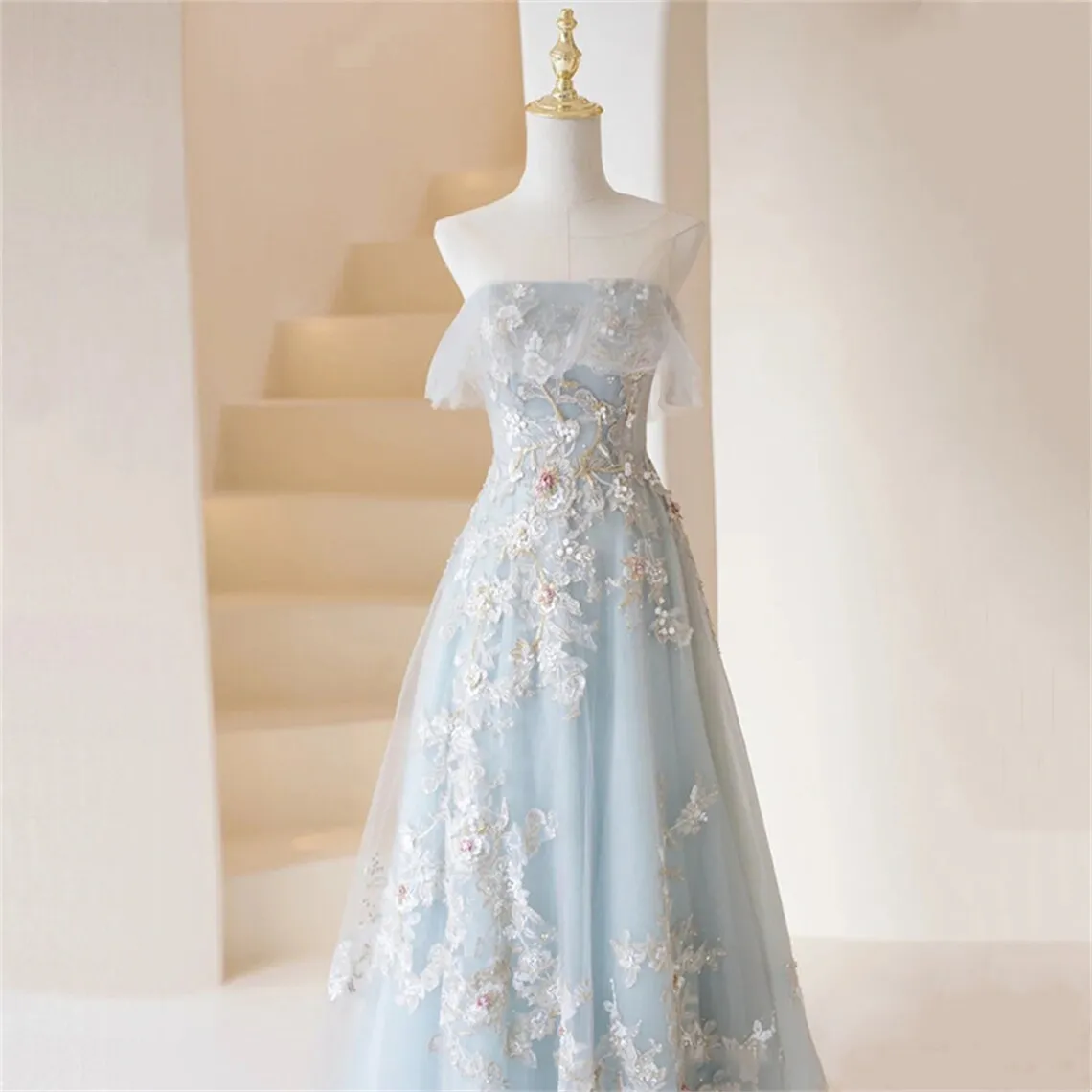 Light Blue Prom Dresses Fairy,Long Blue Tulle Floral Appliques Formal Dresses