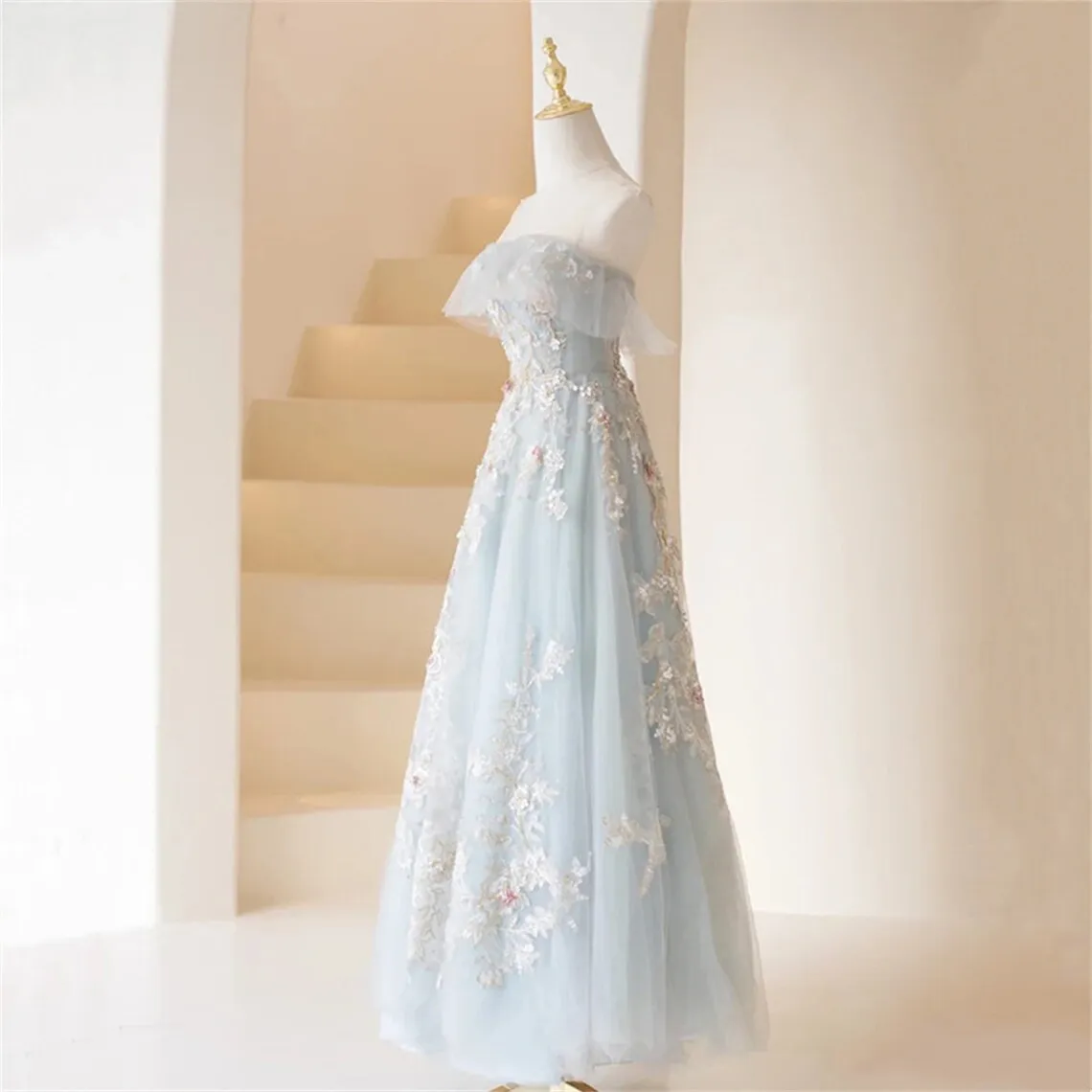 Light Blue Prom Dresses Fairy,Long Blue Tulle Floral Appliques Formal Dresses