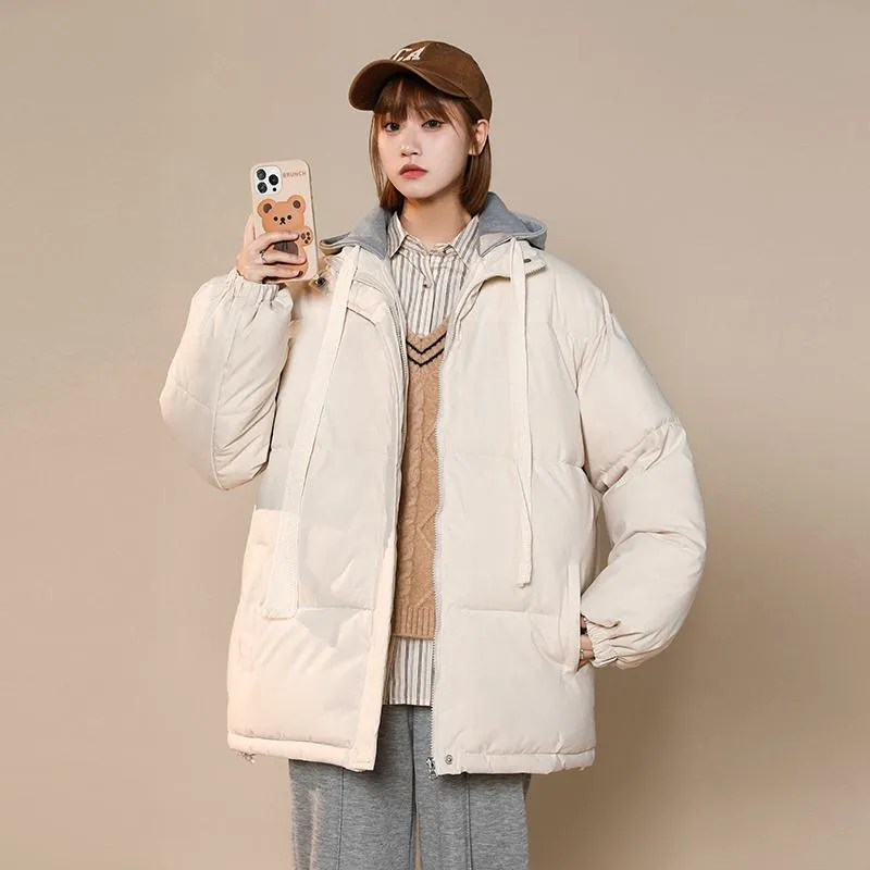 Loose Fit Faux Two-Piece Thickened Hooded Puffer Jacket